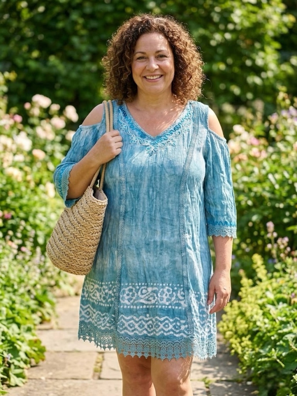 NWT Shoreline Turquoise Cold-Shoulder Tunic Dress Embroidery Tie-Dye Boho 5XL